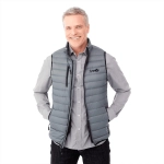 A grey men's down vest with a logo, featuring a zippered front and pockets, worn over a checked shirt.