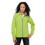 A women&rsquo;s packable rain jacket in bright green with a zip front, featuring a logo and grey accents.