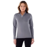 A grey women's quarter zip jumper featuring long sleeves and a zippered collar. It has a logo on the front.