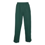 Green track pants featuring an elastic waistband and side pockets. The design includes a logo on one leg.