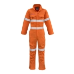 An orange overall with reflective tape, featuring a zip front, pockets, and long sleeves, designed for workwear.