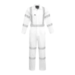 A white overall featuring reflective stripes, complete with a front zip and pockets, designed for men.