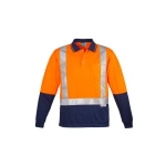 A long-sleeve polo shirt featuring high visibility orange and navy blue panels with reflective tape and a pocket.