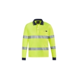 A bright yellow unisex polo shirt featuring bio-motion tape and navy blue accents, with a logo on the chest.