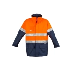 A high visibility waterproof jacket in orange and navy blue, featuring reflective strips and a logo.