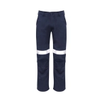 Navy work pants featuring reflective tape detail, designed in a traditional style with a logo present.