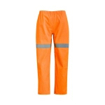 Orange waterproof pants with reflective strips and an elastic waistband, designed for workwear applications.