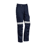 Navy work pants with reflective tape and pockets, designed for rugged wear. Features a logo on the waistband.