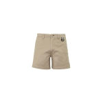 Khaki men's shorts with a pocket and clip, featuring a simple design. Includes a branding logo.