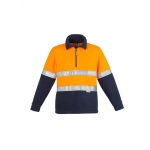 A unisex polar fleece pullover in high visibility orange with navy blue sleeves and reflective hoop tape.