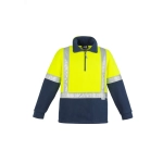 A unisex hi-vis polar fleece pullover in fluorescent yellow and navy, featuring reflective tape and a zippered neck.