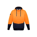 A unisex hi-vis textured jacquard hoodie in bright orange and navy, featuring a front pouch and a logo on the sleeve.