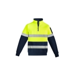 A bright yellow and navy 1/4 zip pullover with reflective hoop tape and a logo on the sleeve.