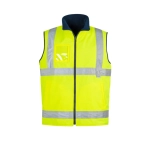 A bright yellow lightweight waterproof vest with reflective stripes and a navy collar, featuring a logo.