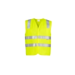 A unisex hi-vis vest in bright yellow with reflective silver stripes, featuring a simple design and no sleeves.
