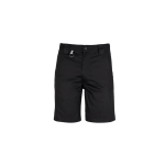 Plain black utility shorts featuring a front button and belt loop. Includes a logo on the waistband.