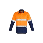 An orange and navy long sleeve work shirt with reflective stripes and a logo.