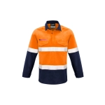 FR closed front hooped taped shirt in orange and navy, featuring reflective stripes and a logo. Long sleeves with pockets.