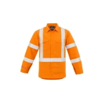 A men's hi-vis orange work shirt featuring reflective stripes and long sleeves. The shirt includes a logo.