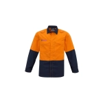 A high visibility spliced shirt featuring orange and navy colours, with two front pockets and a branding logo.