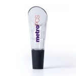 A clear aerator with a black base, featuring a logo on the side, designed for home use.