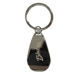 A drink bottle opener keychain in gunmetal colour with a polished finish and a logo.