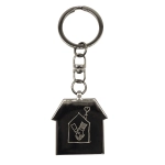 A gunmetal keychain in the shape of a house, featuring a decorative design and a metal ring.