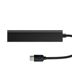 A black USB Type-C hub with a connected USB-A cable. It features a simple, sleek design and has a logo.