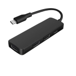 A black USB Type-C hub with multiple USB Type-A ports and a connecting cable. It features a sleek, rectangular design.