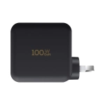 A black 100 Watt GaN quick charger with a single plug and a small branding logo.