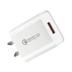 A white USB wall charger with Qualcomm Quick Charge 3.0 technology and a single USB-A port.