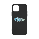A black iPhone case featuring a logo in green and blue. The case is designed for phone protection.