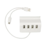 A white USB hub with four ports and a connecting cable. It has a smooth, curved design.