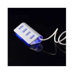 A silver USB hub with four ports and blue LED lighting, featuring a white cable. Includes a branding logo.