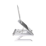 A foldable laptop stand in white, designed to elevate a laptop at an adjustable angle.