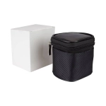 A black travel adaptor case with a textured finish, accompanied by a plain white box.