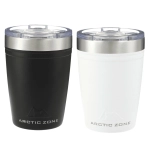 A drink bottle pair featuring a black and a white Arctic Zone Titan Thermal HP Copper Tumbler with metal lids and branding.