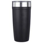 A drink bottle featuring a sleek black design with a stainless steel rim and a clear lid. It has a branding logo.