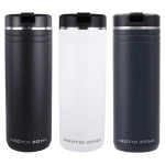 A drink bottle set featuring three colours: black, white, and navy, with a logo and a straw cap design.