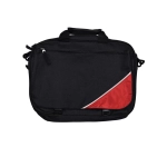 A black satchel/shoulder bag with a red accent and a logo on the front. Features two handles and a zip closure.