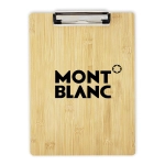 A bamboo clipboard featuring a clip at the top and a logo, showcasing a natural wood finish.