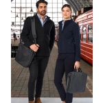 A black and grey laptop bag held by a man and a woman, both dressed in smart casual attire. The background features a train station.