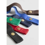 A collection of fabric waist straps in green, red, blue, black, navy, and brown, featuring gold studs and a sturdy design.
