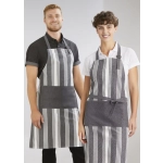 A striped grey and white apron is worn by a smiling man and woman. The aprons have a logo on them.