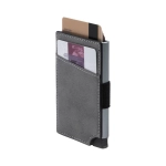 A grey vegan RFID wallet featuring a sleek design and a pocket for cards, equipped with a logo.