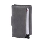 A grey vegan wallet with a sleek design displaying a card partially inserted and featuring a logo.
