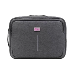 A grey laptop bag with a front pocket and a branded logo. It features a sleek design and sturdy handle.