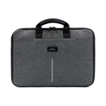 A laptop case in grey fabric with black handles and a logo tag. Features a zip closure and a sleek design.