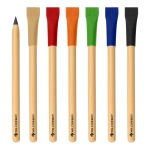 A set of bamboo pencils in various colours: grey, green, orange, blue, and black, with a logo on each pencil.
