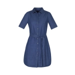 A women's denim dress with short sleeves, a button-down front, and a tied waist detail.